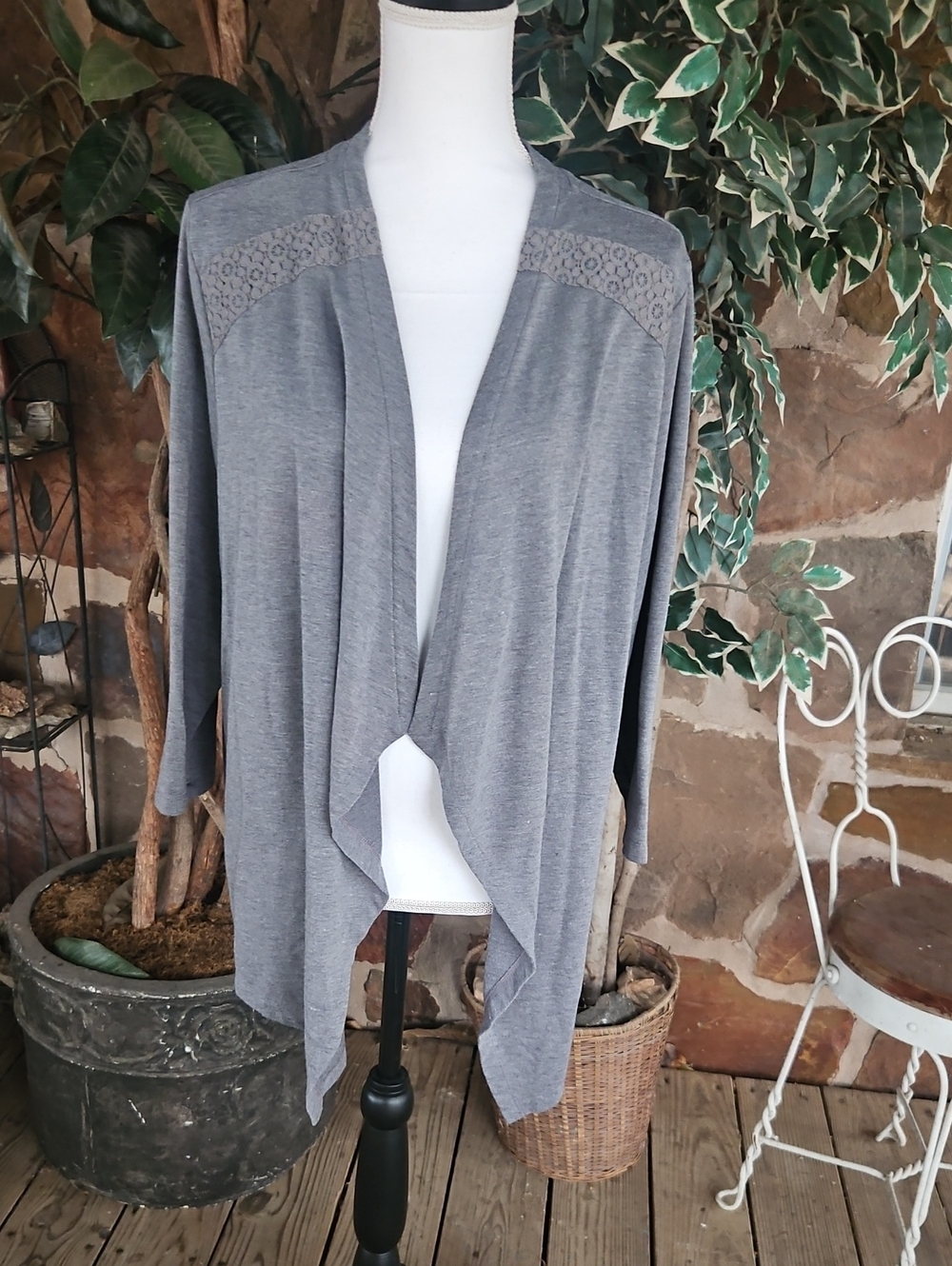 St. John's Bay Gray Open-Front Draped Cardigan with Lace Yoke